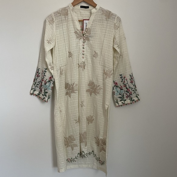 J. Junaid Jamshed Ladies Kurti XS Beige Cotton Cross Stitch Embroidered Boho NWT - Picture 3 of 16